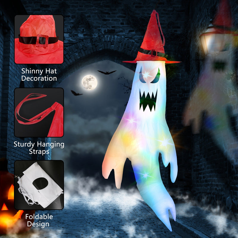 Halloween-themed decoration with ghost design, colorful lights, and text highlighting features.