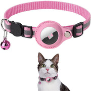 Pink and gray pet collar with a bell and reflective patch, worn by a cat.