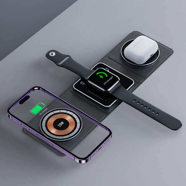 Smartphone, smartwatch, and wireless earbuds on a charging pad with a gray background