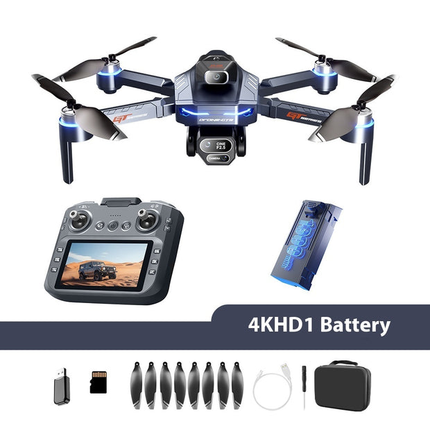 Drone with remote control, battery, propellers, and accessories on a white background