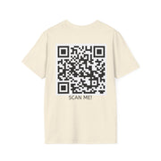 Beige t-shirt with a QR code and 'SCAN ME!' text on the back
