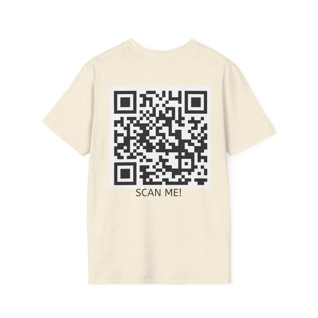 Beige t-shirt with a QR code and 'SCAN ME!' text on the back