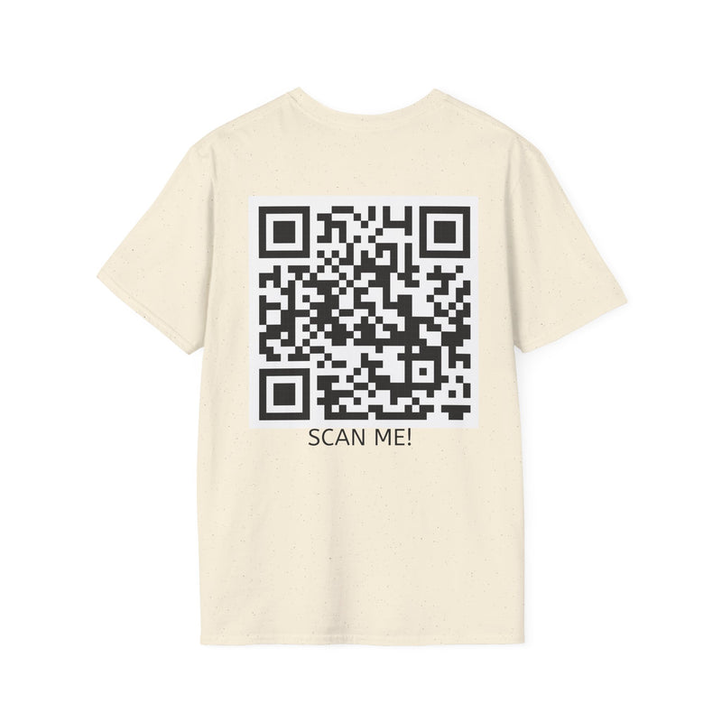 Beige t-shirt with a QR code and 'SCAN ME!' text on the back