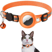 Orange cat collar with reflective material and bell, worn by a cat on a white background