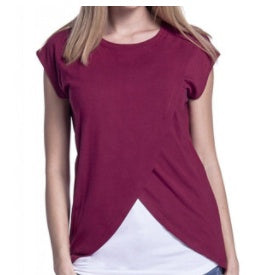 Maroon top worn by a person on a white background