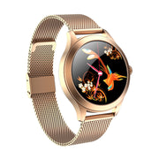 Gold smartwatch with floral design on the screen against a white background