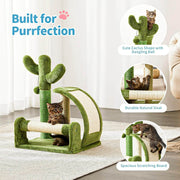 Cat play structure with cactus design, featuring a kitten on a light-colored rug.
