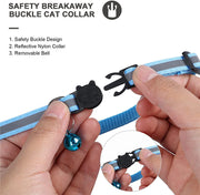 Safety breakaway buckle cat collar with reflective nylon, removable bell, and safety buckle design.