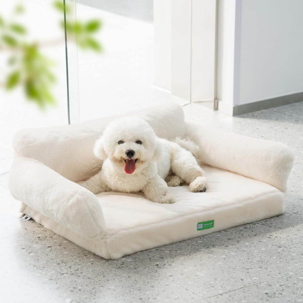 White dog lying on a fluffy pet bed in a modern room with large windows.