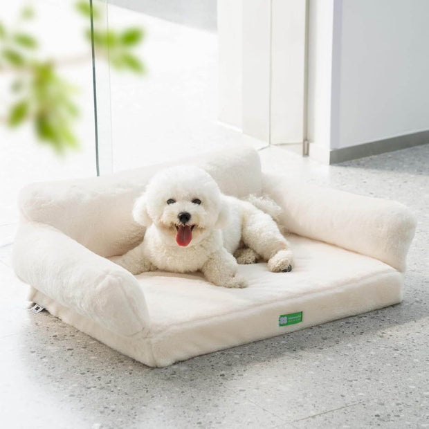 White dog lying on a fluffy pet bed in a modern room with large windows.