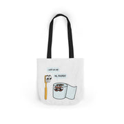Tote bag with cartoon toothbrush and toilet paper design on a white background