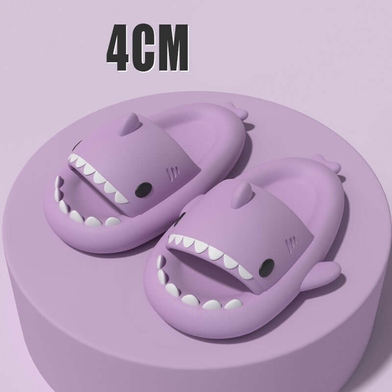Cartoon shark slippers in purple, featuring a cute design and comfortable fit for adults, perfect for indoor and outdoor use.