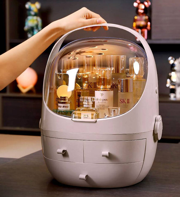 Cosmetic organizer with SK-II products on a blurred background