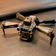 Drone with a checkered pattern on a brown surface