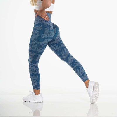 Brand Name yoga leggings in blue camo design, offering ultimate comfort and flexibility for active wear.