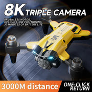 Yellow drone with text highlighting features like 8K triple camera, brushless motor, and one-click return.