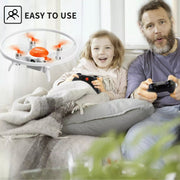 Man and child playing with a drone indoors, with 'Easy to Use' text overlay.