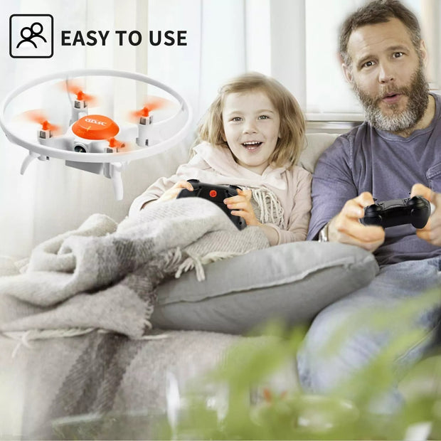 Man and child playing with a drone indoors, with 'Easy to Use' text overlay.