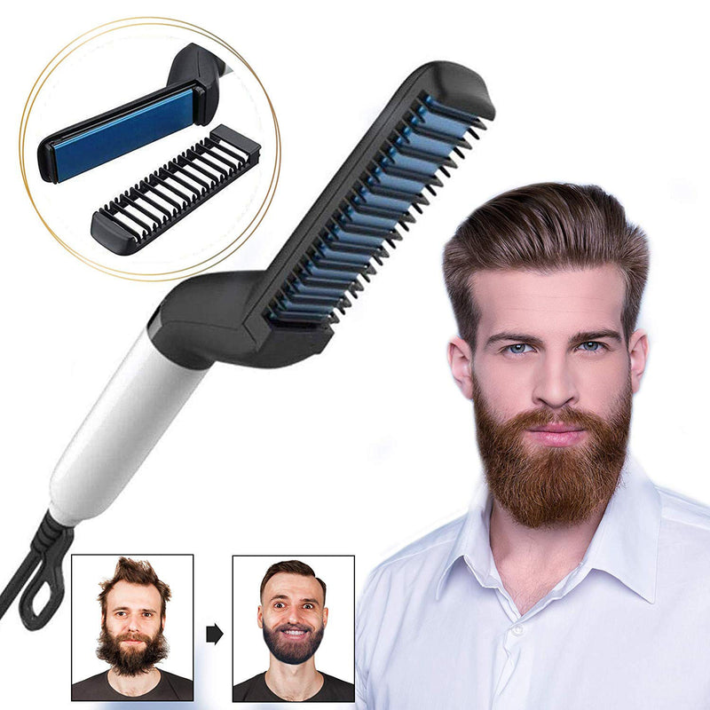 Hairbrush with attachments and a man with a beard on a white background