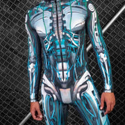 Person wearing a futuristic, cybernetic-themed bodysuit with blue and black design against a metallic background.