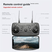 Upgraded remote control with labeled features and a smartphone displaying a mountain view.