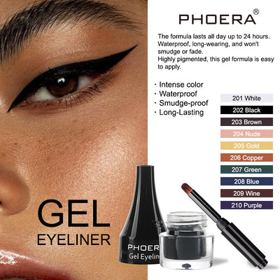 Phoera gel eyeliner with close-up of eye wearing the product and color swatches.