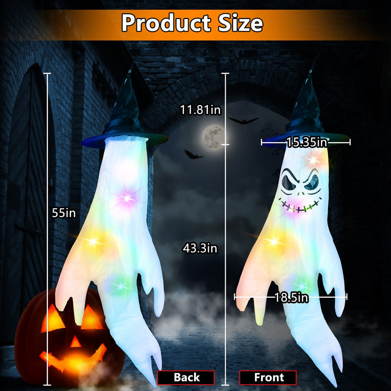 Halloween-themed ghost decorations with measurements on a dark background