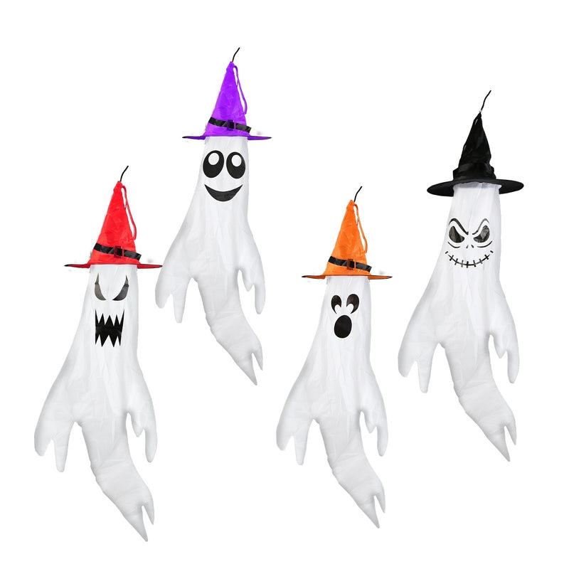Four Halloween-themed ghost decorations with colorful hats on a white background