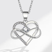 Silver heart-shaped necklace with 'I love you' and 'for always and forever' engraving on a white background