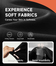 Black fabric with text and icons highlighting features like 4-way stretch, cloud-soft, and breathability.