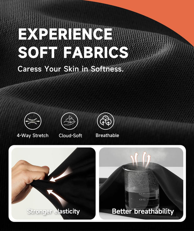 Black fabric with text and icons highlighting features like 4-way stretch, cloud-soft, and breathability.
