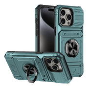 Teal phone case with ring holder and rugged design on a white background