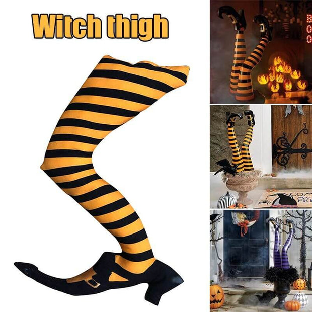 Black and orange striped stockings with witch shoes, suitable for Halloween decor.