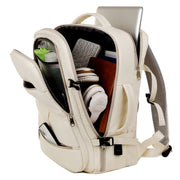 Beige backpack with items inside on a white background