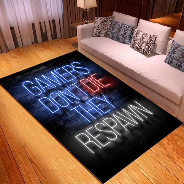 Neon sign-style rug with gaming-themed text on a wooden floor.