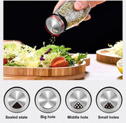 Person seasoning salad with a pepper grinder, followed by illustrations of different pepper grinder settings.