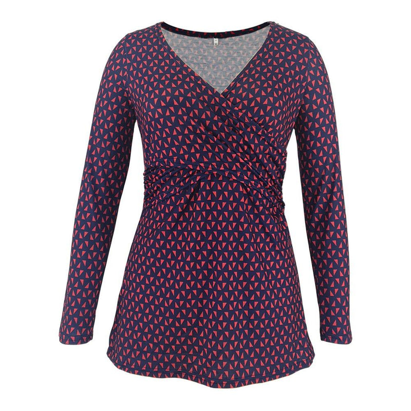 Long-sleeve dress with red geometric pattern on a white background