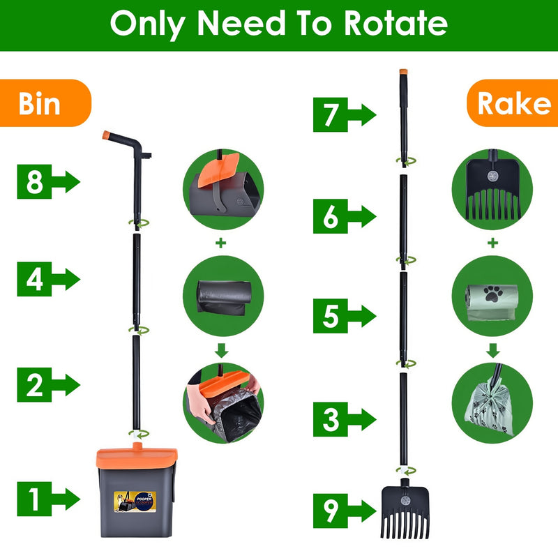 Ultimate Dog Poop Scooper Kit – Heavy-Duty Rake & Swiveling Bin with 35 Bags for Effortless Cleanups!