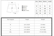 Measurement chart for pants with size guide and dimensions.