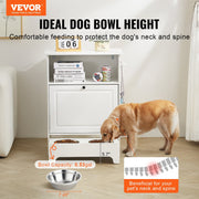Dog drinking from a raised dog bowl with VEVOR branding and product details.