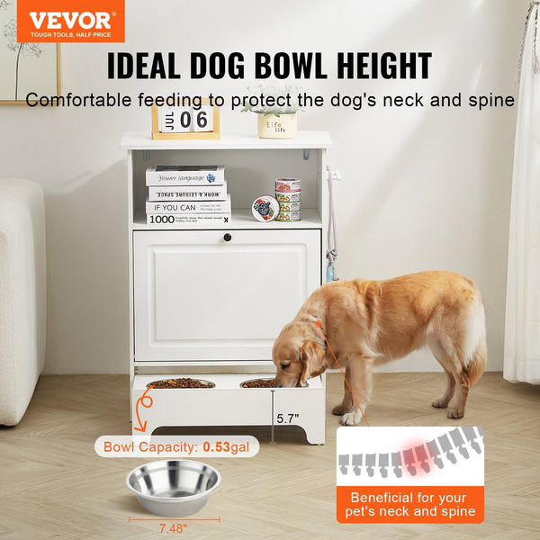 Dog drinking from a raised dog bowl with VEVOR branding and product details.