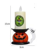 Halloween-themed candle holder with a candle, ghost, and witch design, shown with measurements.