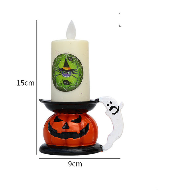 Halloween-themed candle holder with a candle, ghost, and witch design, shown with measurements.
