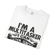 White t-shirt with black text on a white background