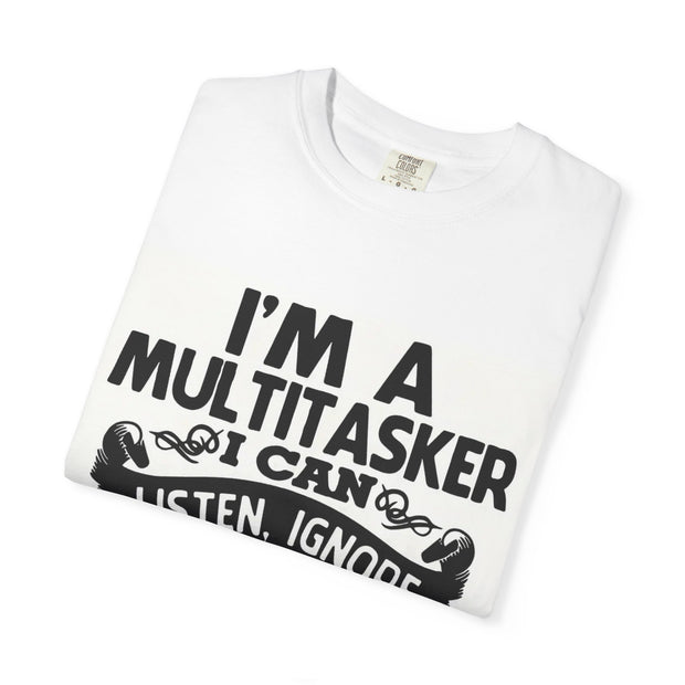 White t-shirt with black text on a white background