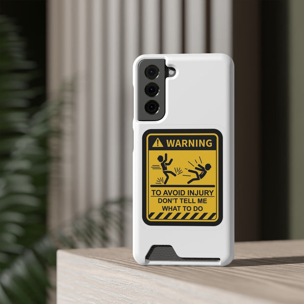 Vibrant Warning Phone Case with Card Holder featuring playful warning sign design for smartphone protection.