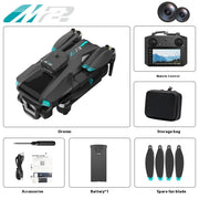 DJI Mavic Pro drone set with remote control, storage bag, accessories, battery, and spare fan blade on a white background.