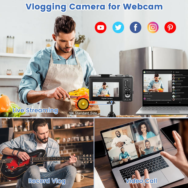 Vlogging camera for webcam with live streaming, record vlog, and video call functionalities.