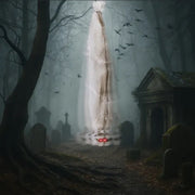 Ghostly figure in a graveyard with tombstones and a light source