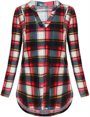 Plaid shirt with a V-neck and long sleeves on a white background
